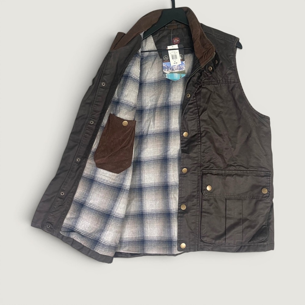 Men's XL Brown Utility Vest Plaid Lined Mountain and Isles NWT Outdoor Workwear